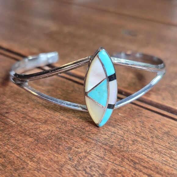 Vintage Native American Zuni Silver Turqyiose Mother Of Pearl Onyx Bracelet - Picture 1 of 3